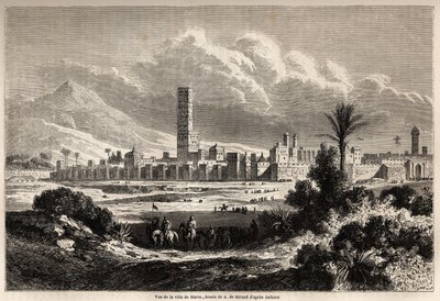 माराकेच शहर (पूर्व में मोरक्को) का दृश्य, अगस्टे डी बेरार्ड (1824-1881) द्वारा चित्रित, श्री एफ। 1860 में शिकलर की मोरक्को की यात्रा। "ले टूर डू मोंडे, नोव्यू जर्नल डेस वॉयेजेस" पेरिस में उत्कीर्णन द्वारा एवरमोंड डे (बाद में) बेरार्डो