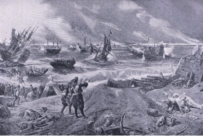 23 मई, 1692 को ला हॉग की लड़ाई में जेम्स II, लैंड और सी, 1915 में ब्रिटिश बैटल से चित्रण द्वारा आइरे क्रो