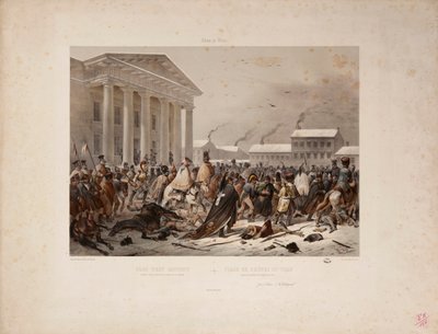 विक्टर एडम (1801-66) और लुई पियरे अल्फोंस बिस्बोइस (1801-50) 1812 द्वारा उत्कीर्ण विला के टाउन हॉल स्क्वायर में फ्रांसीसी सेना को पीछे हटाना द्वारा एफ। डैनियल