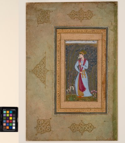 एक सुंदर युवा एक नशीले स्प्रिग, c.1610 (अपारदर्शी जल रंग और कागज पर सोना) पकड़े हुए द्वारा फारुख बेग