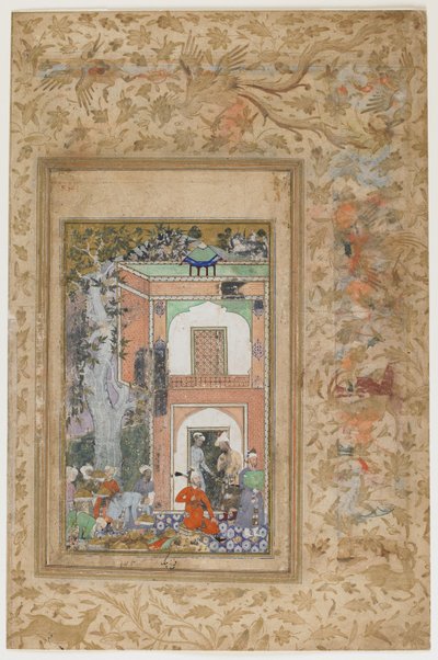 सुल्तान इब्राहिम लोदी के महल में बाबर का मनोरंजन, c.1585 (अपारदर्शी जल रंग और कागज पर सोना) द्वारा फारुख बेग