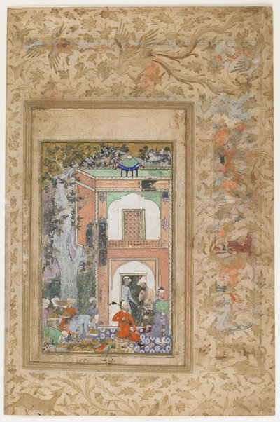 सुल्तान इब्राहिम लोदीस पैलेस में बाबर का मनोरंजन, ज़हीर-अल-दीन मुहम्मद बाबर द्वारा बाबरनामा (तुज़ुक-ए-बाबरी) की छितरी हुई कॉपी से फोलियो हटा दिया गया, c.1585 (wc, स्याही और कागज पर सोना) द्वारा फारुख बेग