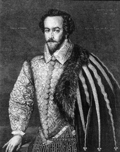 सर वाल्टर रैले (1554 - 1618), अंग्रेजी नाविक, दरबारी और लेखक का पोर्ट्रेट। १५८८ के फेडेरिको ज़ुकारो (या ज़ुकरी) (१५४९ - १६०९) को जिम्मेदार एक पेंटिंग के बाद उत्कीर्णन। द्वारा फेडेरिको (बाद) ज़ुकेरी या ज़ुकारो