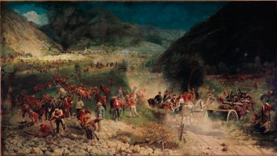 तीसरा इतालवी स्वतंत्रता संग्राम: "" बेज़ेक्का की लड़ाई"" 21/07/1866 को इसने ऑस्ट्रियाई सेना के खिलाफ ज्यूसेप गैरीबाल्डी के शिकारियों के शरीर का विरोध किया। फेलिस ज़ेनारो (1833-1926) मिलान द्वारा चित्रकारी, रिसोर्गिमेंटो का संग्रहालय द्वारा फेलिस ज़ेन्नारो