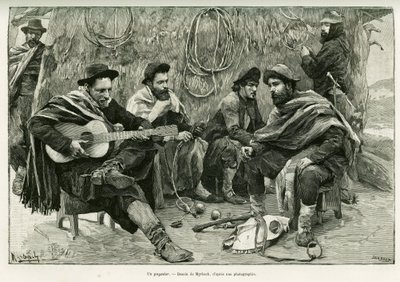 एक अदाकार, चलने वाले गायकों की कविता में द्वंद्व। 1886 में एमिल डेयरॉक्स द्वारा एमिल डेयरॉक्स द्वारा, एडौर्ड चार्टन (1807-1890), हैचेट, पेरिस द्वारा निर्देशित, ले टूर डू मोंडे 1888 में कहानी को चित्रित करने के लिए मायरबैक द्वारा उत्कीर्णन। द्वारा फेलिसियन बैरन डे म्यरबेक रीनफेल्ड