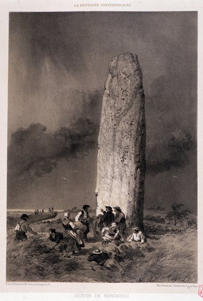Kergadiou (Finistere) के मेनहिर के आसपास के किसान - "" समकालीन ब्रिटनी "" में, बीमार। फेलिक्स बेनोइस्ट द्वारा, एड. बढ़ई, पेरिस द्वारा फेलिक्स बेनोइस्ट