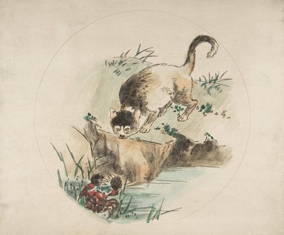एक प्लेट के लिए सजावट: एक बिल्ली एक केकड़े का शिकार करती है, 1850-1914। द्वारा फेलिक्स ब्रैकक्मोंड