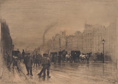 विंटर मॉर्निंग ऑन द क्वे, पेरिस, 1883। द्वारा फेलिक्स हिलैरे बुहोट