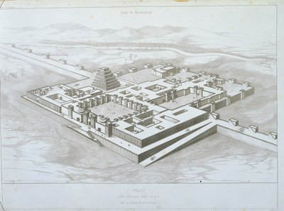 खोरसाबाद पैलेस, किले की दीवारों के हिस्से के साथ दक्षिण-पूर्व से ऐतिहासिक दृश्य, विक्टर प्लेस द्वारा 'निनवे और असीरिया' का चित्रण द्वारा फेलिक्स थॉमस