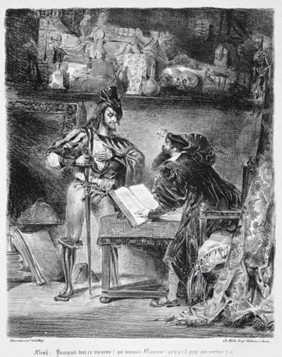 गोएथ्स फस्ट, 1828, (चित्रण) (लिथोग्राफ की bw फोटो) से फस्ट और मेफिस्टोफेल के बीच पहली मुलाकात: द्वारा फर्डिनेंड विक्टर यूजीन डेलाक्रोइक्स
