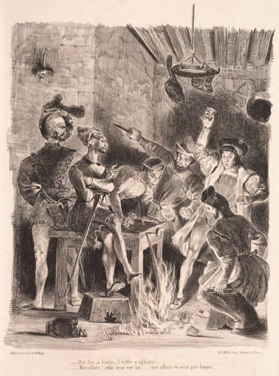 फ़ॉस्ट के लिए चित्र: छात्रों के मधुशाला में मेफिस्टोफ़ेलस, 1828। द्वारा फर्डिनेंड विक्टर यूजीन डेलाक्रोइक्स
