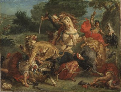 ला चेस औ लायन - द लायन हंट, डेलाक्रोइक्स, यूजीन (1798-1863) द्वारा। तेल के रंगों से केन्वस पर बना चित्र द्वारा फर्डिनेंड विक्टर यूजीन डेलाक्रोइक्स