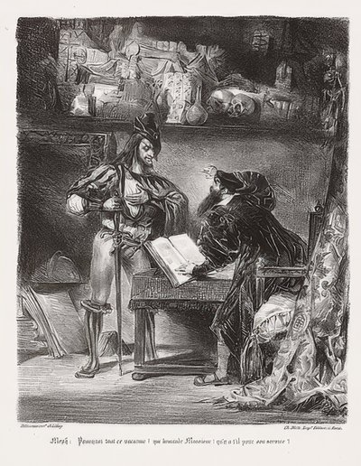 Méphistophélès apparaîssant à Faust (Mephisto Faust दिखाई देता है)। 1828 द्वारा फर्डिनेंड विक्टर यूजीन डेलाक्रोइक्स