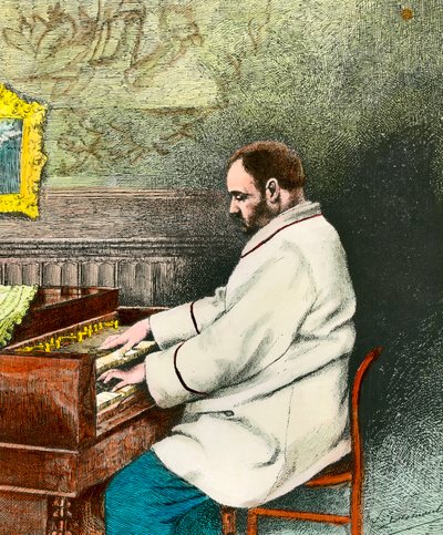 अंग बजाते हुए एमिल ज़ोला (1840-1902) का पोर्ट्रेट। डेसमौलिन द्वारा उत्कीर्णन (19वीं शताब्दी)। कोल। बाहर जाओ। द्वारा फर्नांड डेसमौलिन