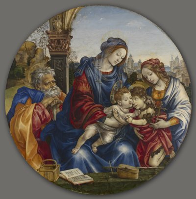 सेंट जॉन द बैपटिस्ट और सेंट मार्गरेट के साथ पवित्र परिवार, c.1495 (लकड़ी पर तापमान और तेल) द्वारा फ़िलिपिनो लिपि