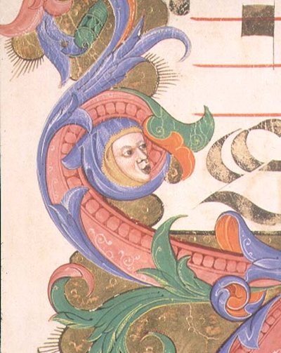 मिसल 515 f.156r जूमॉर्फिक पत्ते एक क्लॉक्ड हेड के साथ, 1449 से पहले निष्पादित एक चोइर बुक से सजावटी सीमा का विवरण द्वारा फिलिप्पो डी माटेओ टोरेली