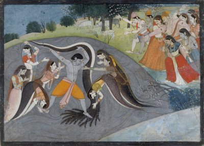 Krishna Subduing Kaliya, the Snake Demon: Folio from a Bhagavata Purana Series , ca. 1785.  द्वारा मनाकू और नैनसुख के बाद पहली पीढ़ी।