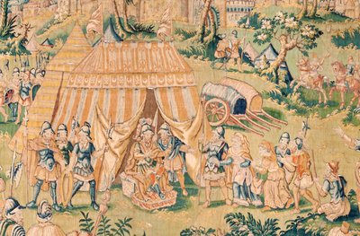 फ्लेमिश टेपेस्ट्री। श्रृंखला द बुक ऑफ जूडिथ। होलोफर्नेस से पहले जूडिथ (जूडिथ एंटे होलोफर्नेस)। श्रृंखला में पांचवीं टेपेस्ट्री। निर्माण नीदरलैंड, ब्रुसेल्स()। 16वीं शताब्दी का दूसरा भाग। कपड़ा ऊन। स्थान बारी के सेंट निकोलस चर्च (म्यूज) द्वारा फ्लेमिश स्कूल