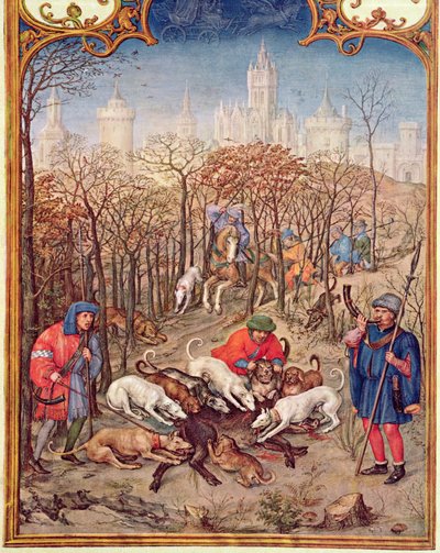 Fol.12v दिसंबर का महीना: ब्रेवीयर ग्रिमनी से शिकार जंगली सूअर, c.1515 द्वारा फ्लेमिश स्कूल