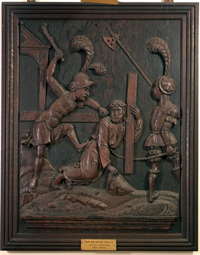 चैपल से क्रॉस ले जाने के दौरान हमारा उद्धारकर्ता फॉल्स, c.1520 (लकड़ी) द्वारा Flemish School