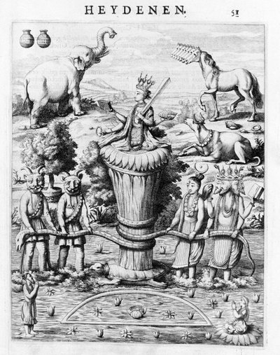 समुद्रमथन, राक्षसों और माउंट के साथ देव (सूर्य, शिव, विष्णु, ब्रह्मा) की भागीदारी के साथ। बाल्डियस फिलिपस अफगोडेरी डेर ओस्ट-इंडिसचे हेडेनन के अनुसार। एम्स्टर्डम 1672 द्वारा फ्लेमिश स्कूल