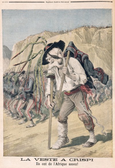 &39;क्रिस्पी की हार&39;, 1896 में &39;ले पेटिट जर्नल&39; से कैरिकेचर द्वारा फॉर्च्यून लुई मेयुले और हेनरी मेयर