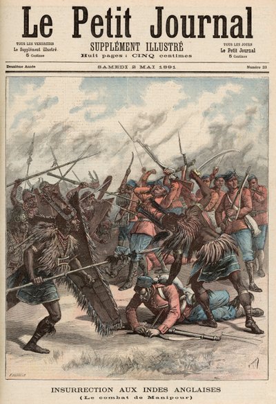 &39;ले पेटिट जर्नल&39; से मणिपुर की लड़ाई, 2 मई 1891 (रंगीन उत्कीर्णन) द्वारा फॉर्च्यून लुई मेयुले और हेनरी मेयर