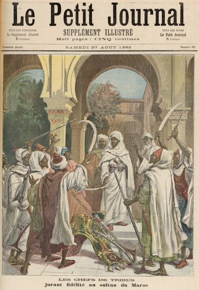 &39;ले पेटिट जर्नल&39;, 27 अगस्त, 1892 से मोरक्को के सुल्तान के प्रति निष्ठा के लिए जनजातीय प्रमुख द्वारा फॉर्च्यून लुई मेयुले और हेनरी मेयर