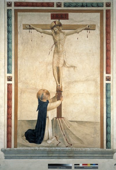 सेंट डोमिनिक के साथ क्रूस। क्रॉस, 1442 पर शिलालेख "" INRI "" द्वारा फ्रा एंजेलिको