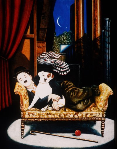 चार्ली चैपलिन और स्क्रैप, 1992 (पैनल पर तेल और तड़का) द्वारा फ्रांसिस ब्रूमफील्ड