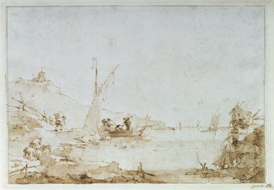 एक तटीय दृश्य, c.1770-80 (कागज पर काले चाक के साथ कलम और भूरा धोना) द्वारा फ्रांसेस्को गार्डी