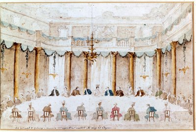 पोलिग्नैक की शादी के लिए भोज। फ्रांसेस्को गार्डी द्वारा ड्राइंग (1712 - 1793)। द्वारा फ्रांसेस्को गार्डी