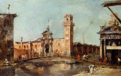 ""L'entrée de l'arsenal de Venise"" (वेनिस में शस्त्रागार में प्रवेश) फ्रांसेस्को गार्डी द्वारा पेंटिंग (1712-1793) - 1776 के बाद - कैनवास पर तेल डिम 29x45 सेमी कला इतिहास संग्रहालय, वियना द्वारा फ्रांसेस्को गार्डी