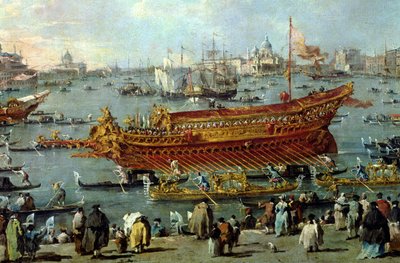 Departure बुकेंटौर ’का प्रस्थान, वेनिस के लीडो पर आरोहण दिवस पर, नाव का विस्तार, 1766-70 द्वारा Francesco Guardi
