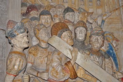 फ्रांस, एविग्नन, पैलेस डेस पपीस (1334), फ्रेंसेस्को लौराना (1478 कमीशन) द्वारा एविग्नन में सेलेस्टाइन कॉन्वेंट से क्रॉस के रास्ते की संगमरमर की नक्काशी द्वारा फ्रांसेस्को लॉराना