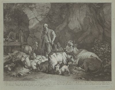 1766 के बाद बूढ़ा, गंजे सिर वाला चरवाहा, बैठा चरवाहा लड़का और झुंड। द्वारा फ्रांसेस्को लंदनियो