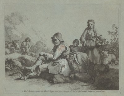 बैठा चरवाहा और एक टोकरी के साथ एक किसान महिला, 17591782। द्वारा फ्रांसेस्को लंदनियो