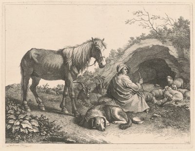 घोड़े, कुत्ते, बकरियों और भेड़ों के साथ बैठा चरवाहा द्वारा फ्रांसेस्को लंदनियो