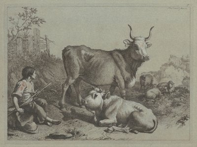 एक बैल और बैल के साथ बैठा चरवाहा, 1763। द्वारा फ्रांसेस्को लंदनियो