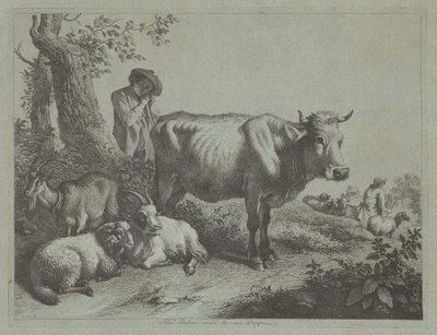 1760 के झुंड के साथ खड़ी गाय और एक चरवाहा लड़का। द्वारा फ्रांसेस्को लंदनियो