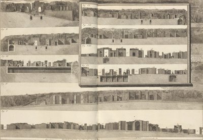 क्रॉस-सेक्शन, जो पोम..., 1804 की योजना में दिखाए गए भवनों के विभिन्न पहलुओं को दिखाते हैं। द्वारा फ्रांसेस्को पिरनेसी