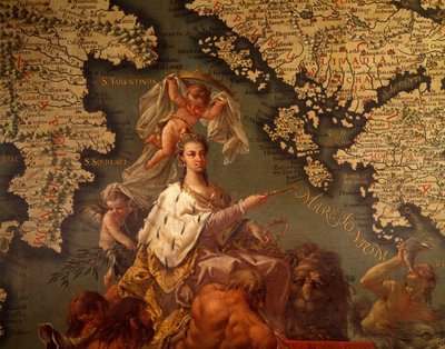 वेनिस, भूमध्य सागर की रानी, Giambattista Ramusio (1485-1557) और फ्रांसेस्को ग्रिसेलिनी (1717-1787), मैप्स रूम या स्कूडो रूम, डोगे पैलेस, वेनिस (यूनेस्को विश्व विरासत सूची) द्वारा द्वारा फ्रांसेस्को और रामुसियो जियोवन बतिस्ता ग्रिसेलिनी