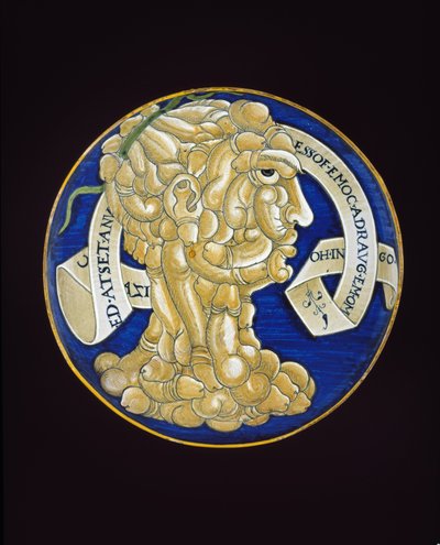 लिंग के एक मिश्रित सिर के साथ डिश, c.1536 (टिन-चमकता हुआ मिट्टी के बरतन, maiolica) द्वारा Francesco Urbini
