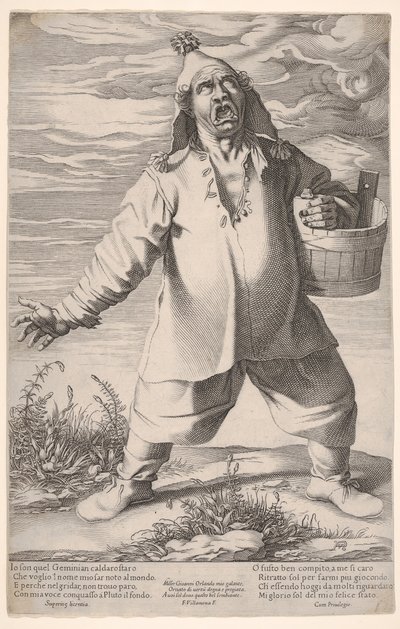 Geminiano Caldarostaro रो रही है और एक टब पकड़े हुए, एक लटकन टोपी के साथ, ca. 1597-1601। द्वारा फ्रांसेस्को विल्मेना