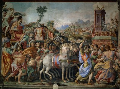 मार्कस फ्यूरियस कैमिलस (447-365 ई.पू.) की विजय यात्रा, साला dell&39;Udienza, 1545 (पूर्व-पुनर्स्थापना) से (177350 भी देखें) द्वारा फ्रांसेस्को डी रॉसी साल्वती सेचिनो