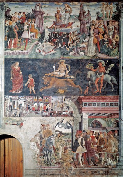 अप्रैल के महीने का रूपक शीर्ष पर शुक्र की विजय, केंद्र में बैल के डिकान, नीचे बोर्सो डी'एस्ट (1413-1471) स्कोकोला जस्टर को पुरस्कृत करता है"" (अप्रैल का रूपक, शुक्र की विजय) , वृष राशि के जातक, बोर्सो डी'एस्ट पुरस्कृत द्वारा फ्रांसेस्को डेल कोसा