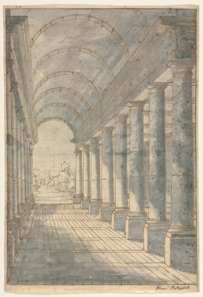 बैरल-वॉल्टेड आर्केड रेंडर इन पर्सपेक्टिव, 1700s। द्वारा फ्रांसेस्को बट्टाग्लियोली