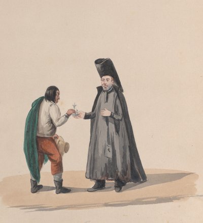 पेरूवियन पोशाक, 1848 को चित्रित करने वाले चित्रों के एक समूह से एक आदमी को क्रूस पर चढ़ाते हुए एक कैनन। द्वारा फ्रांसिस्को