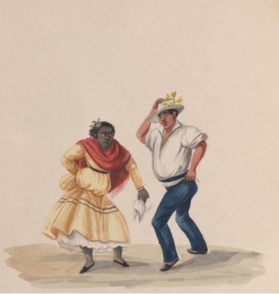 पेरू की पोशाक, 1848 को दर्शाने वाले चित्रों के एक समूह से एक पुरुष और एक महिला नृत्य करते हुए। द्वारा फ्रांसिस्को