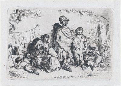 प्लेट 2: रीति-रिवाजों की श्रृंखला और..., 1850 से सड़क पर लोगों का एक समूह, संभवतः भिखारी। द्वारा फ़्रांसिस्को लमेयर बेरेंगुएरे
